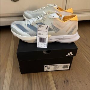 Adidas Adizero Adios 8 White and Gray with Yellow Accents